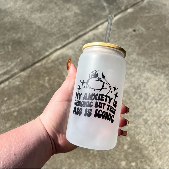 Handmade Chronic Anxiety 16oz Frosted Glass Cup - Picture 1 of 1